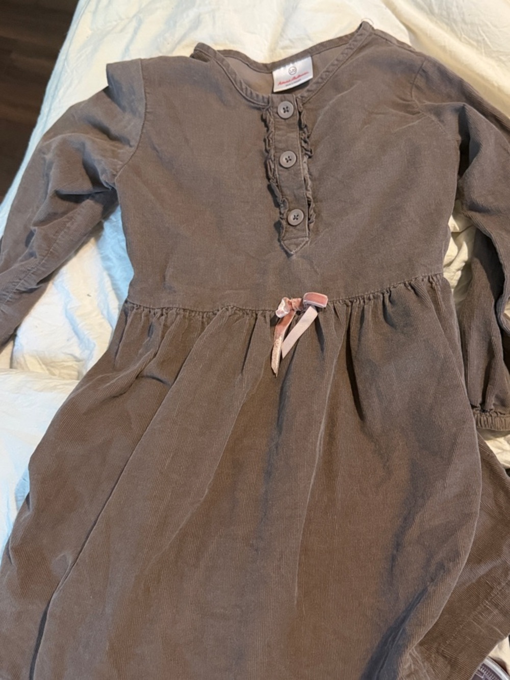 Hanna Andersson Taupe Corduroy Dress with Pink Waist Ribbon